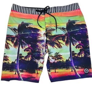 Roxy Mens Palm Tree Print Swim Board Shorts Multicolor Tropical Size Medium